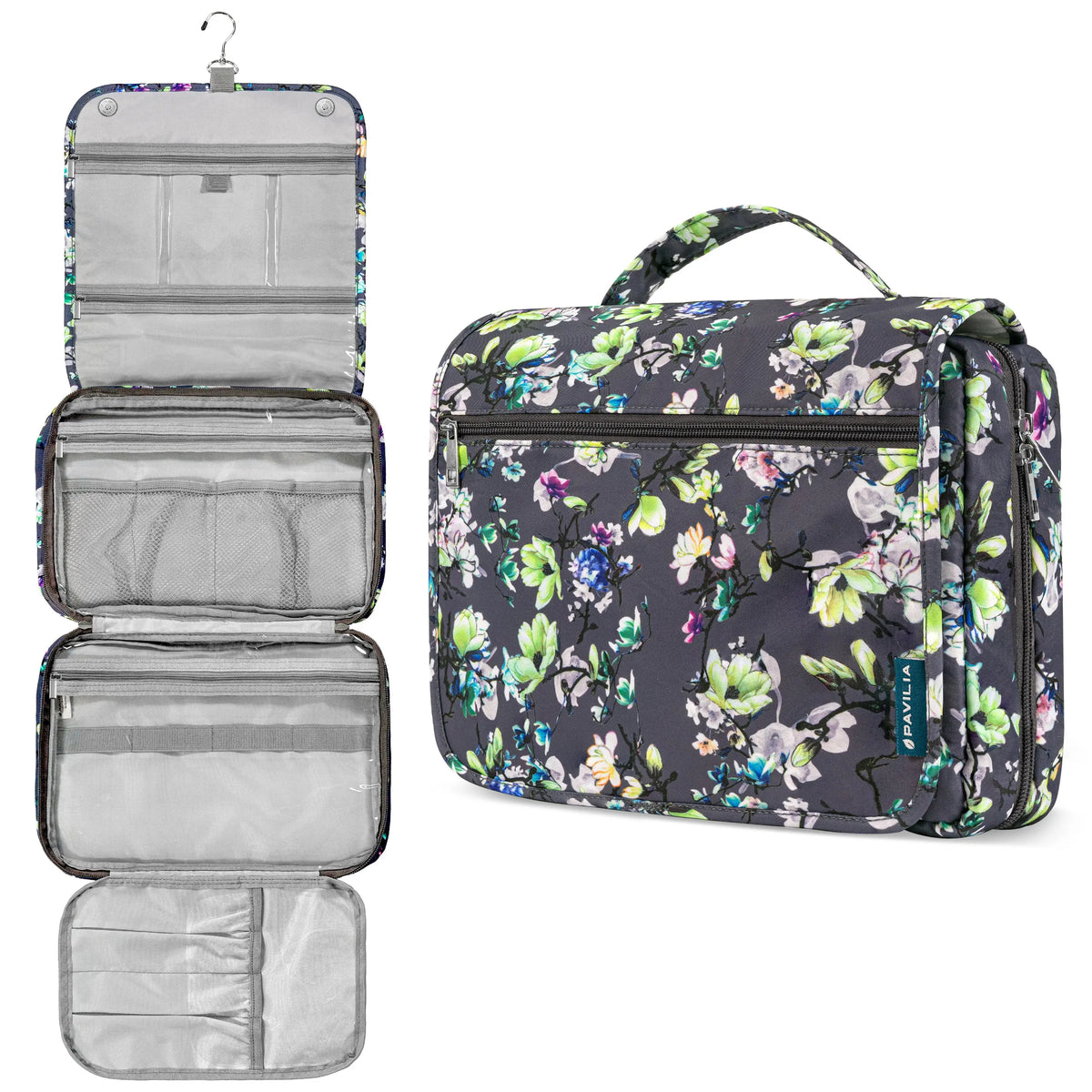 PAVILIA Hanging Toiletry Bag Women Men, Foldable Cosmetic Organizer Travel Bag, Water Resistant Makeup Bag Toiletries, Large Travel Essentials Kit