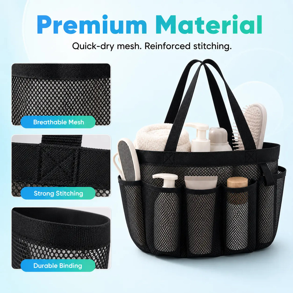 MOMOGILI Mesh Shower Organizer Bag - 8-Pocket Large Capacity Cosmetic Toiletry Kit with Travel Containers, Portable Vanity Bag & Makeup Pouch for College Dorms, Gym