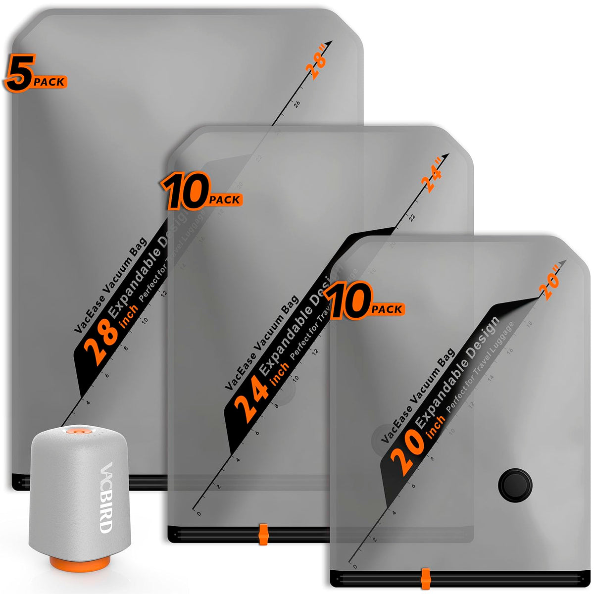 Vacbird Rechargeable Wireless Pump Travel Storage Bags Set - 20 Pack Portable Space Saver Bags for Travel & Home - Vacuum Compression Packing Seal for Clothes, Blankets, Seasonal Storage
