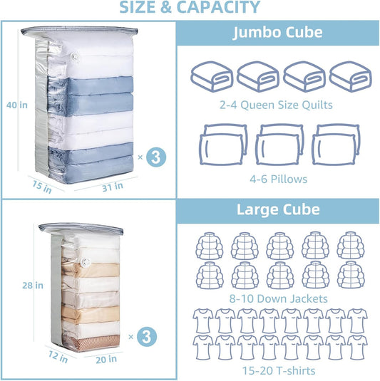 6 Pack Cube Vacuum Storage Bags, 2 Size Combo (3 Jumbo+3 Medium)