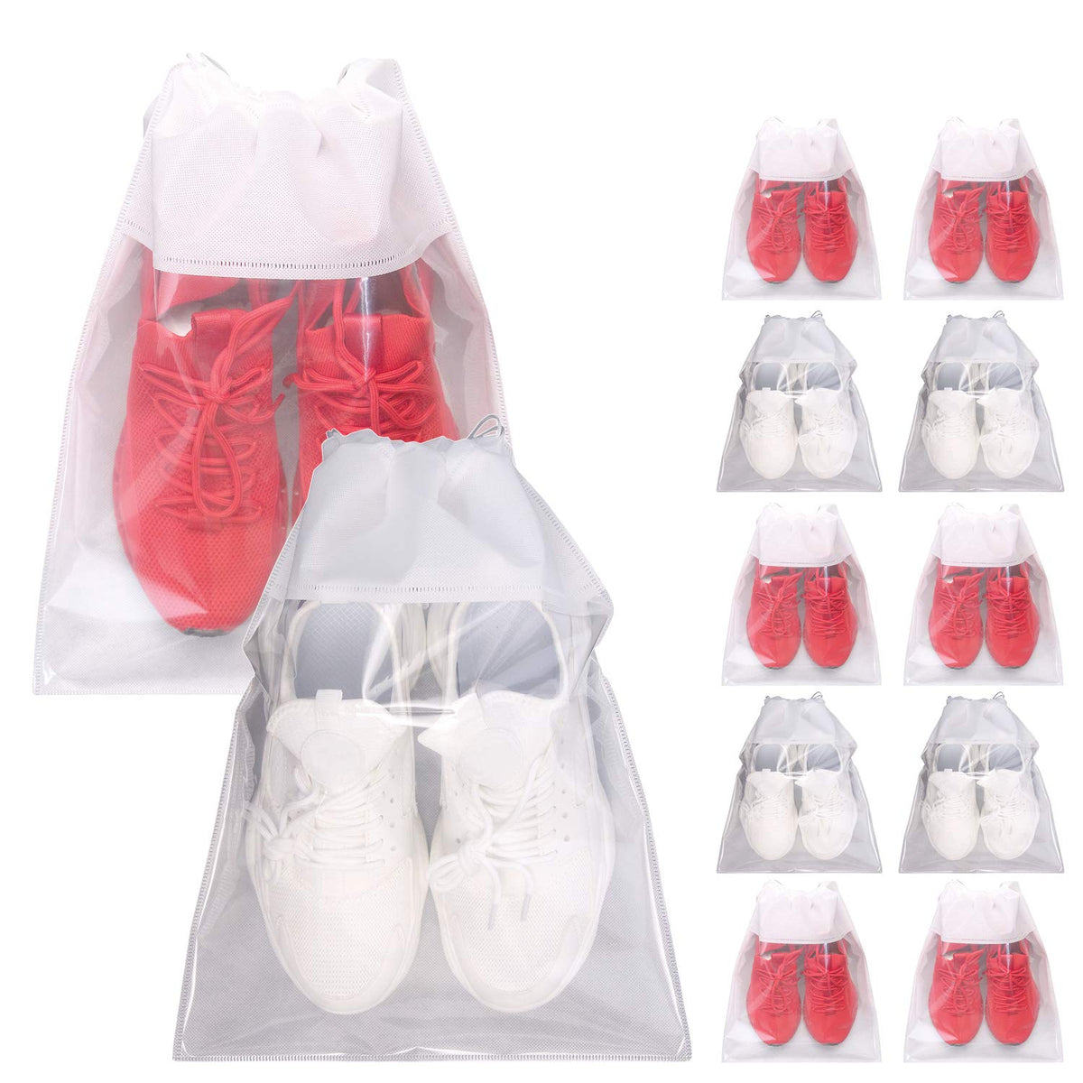 12 Pack Portable Shoe Bags for Travel Large Shoes Pouch Storage Organizer Clear Window with Drawstring for Men and Women Black