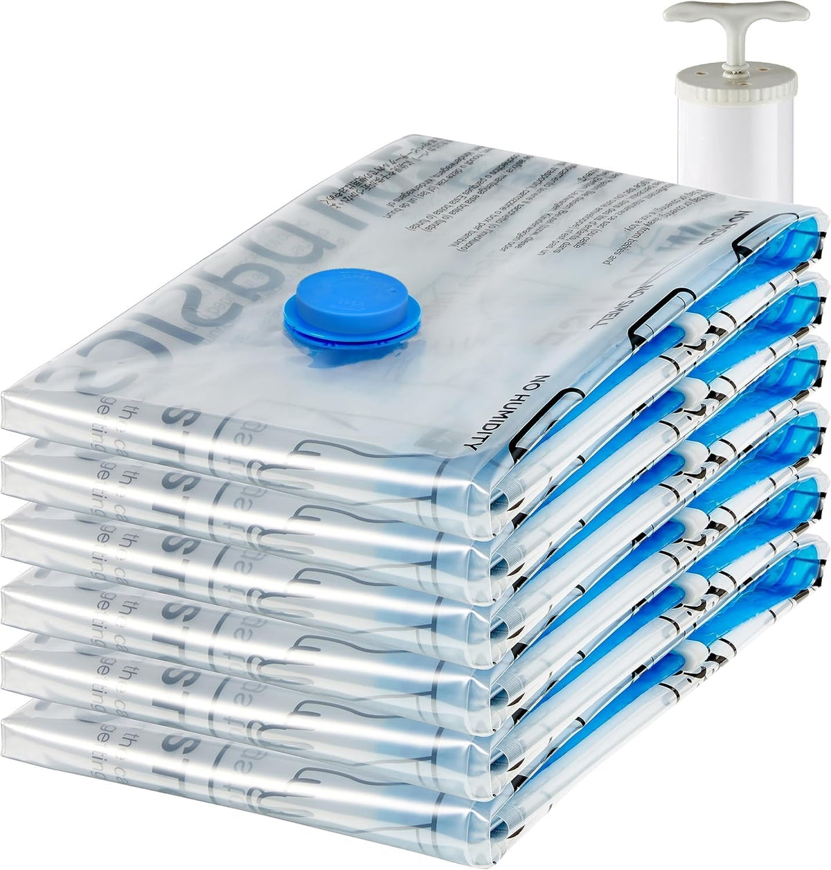 Amazon Basics Vacuum Storage Bags, Compression Space Saving for Clothes and Linens, Reusable with Hand Pump, Large, Clear, 5-Pack