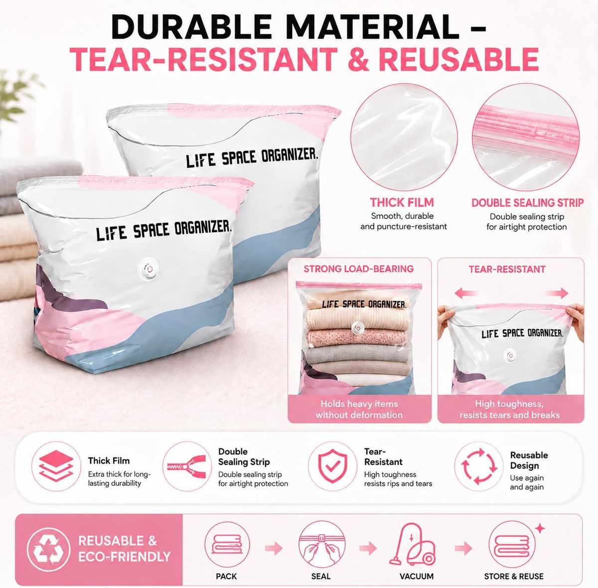 4Pcs No Pump Vacuum Storage Bags, Large Better Life Space Bags Cube Capacity Vacuum Bags for Clothes Bedding Comforters Off‑Season Gear (Pink white)
