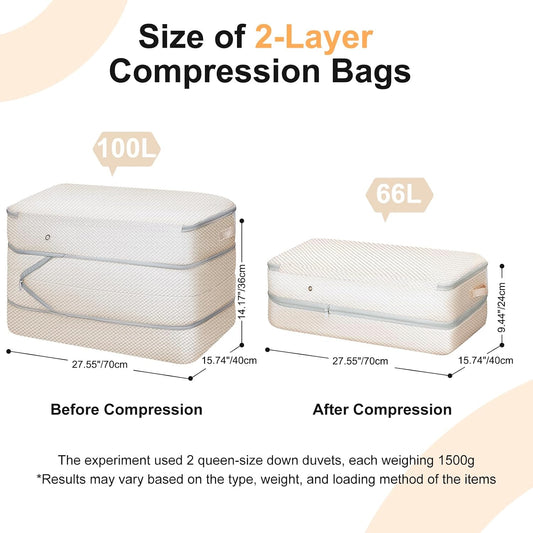 Comforter Storage Bag - Large Capacity Bedding Storage Bags Ultra Space Saving Self Compression Organizer, Washable Compression Bags for Storage Comforter Blanket Duvet Pillow, 2-Pack, Beige