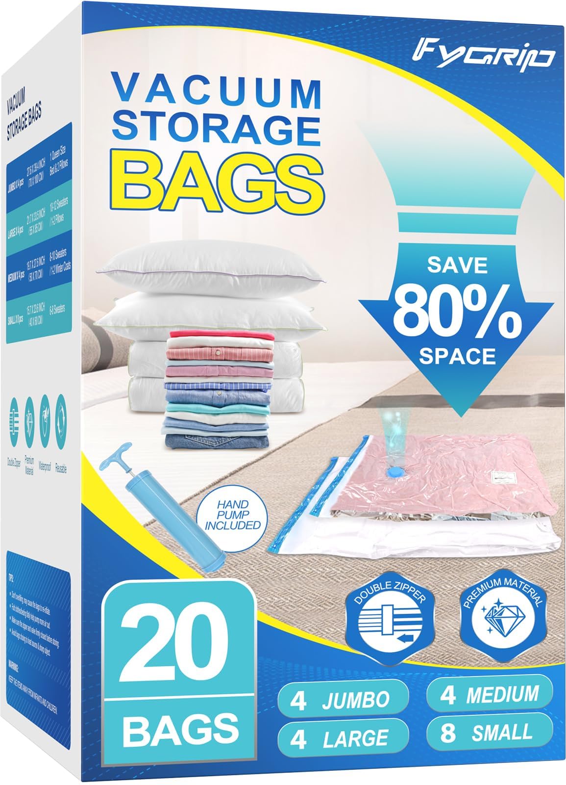 Fygrip 80% Space Saver Vacuum Storage Bags with Hand Pump, 10 Jumbo