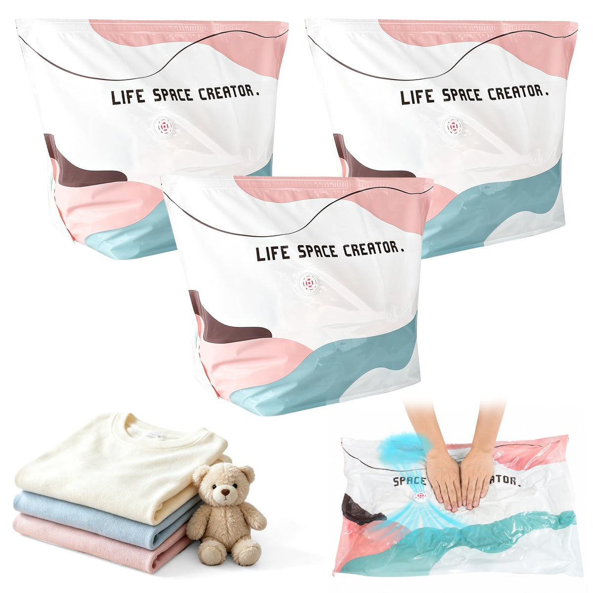 3Pcs No-Pump Vacuum Storage Bags,Large Cube Compression Bags for Storag