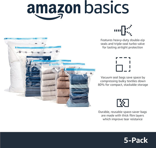 Amazon Basics Vacuum Storage Bags for Clothes, Compression Zipper with Hand Pump, Medium, White, Sky Blue, 5-Pack
