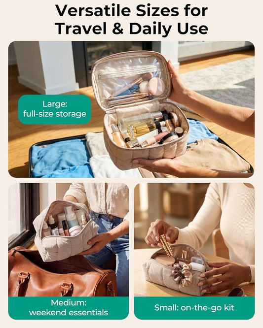BAGSMART Travel Makeup Bag Set, 3 Pc Puffy Cosmetic Pouch, Camel