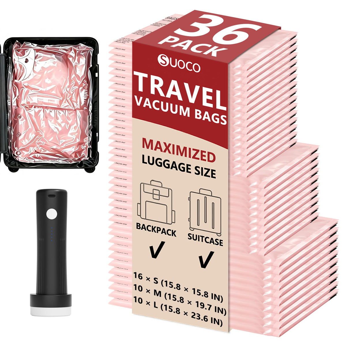 Travel Vacuum Bags for Clothing with Cordless Pump 18 Combo, Clear