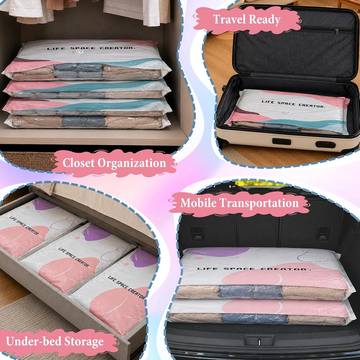 No Pump Vacuum Storage Bags 4Pk (2L+2M) Large Capacity