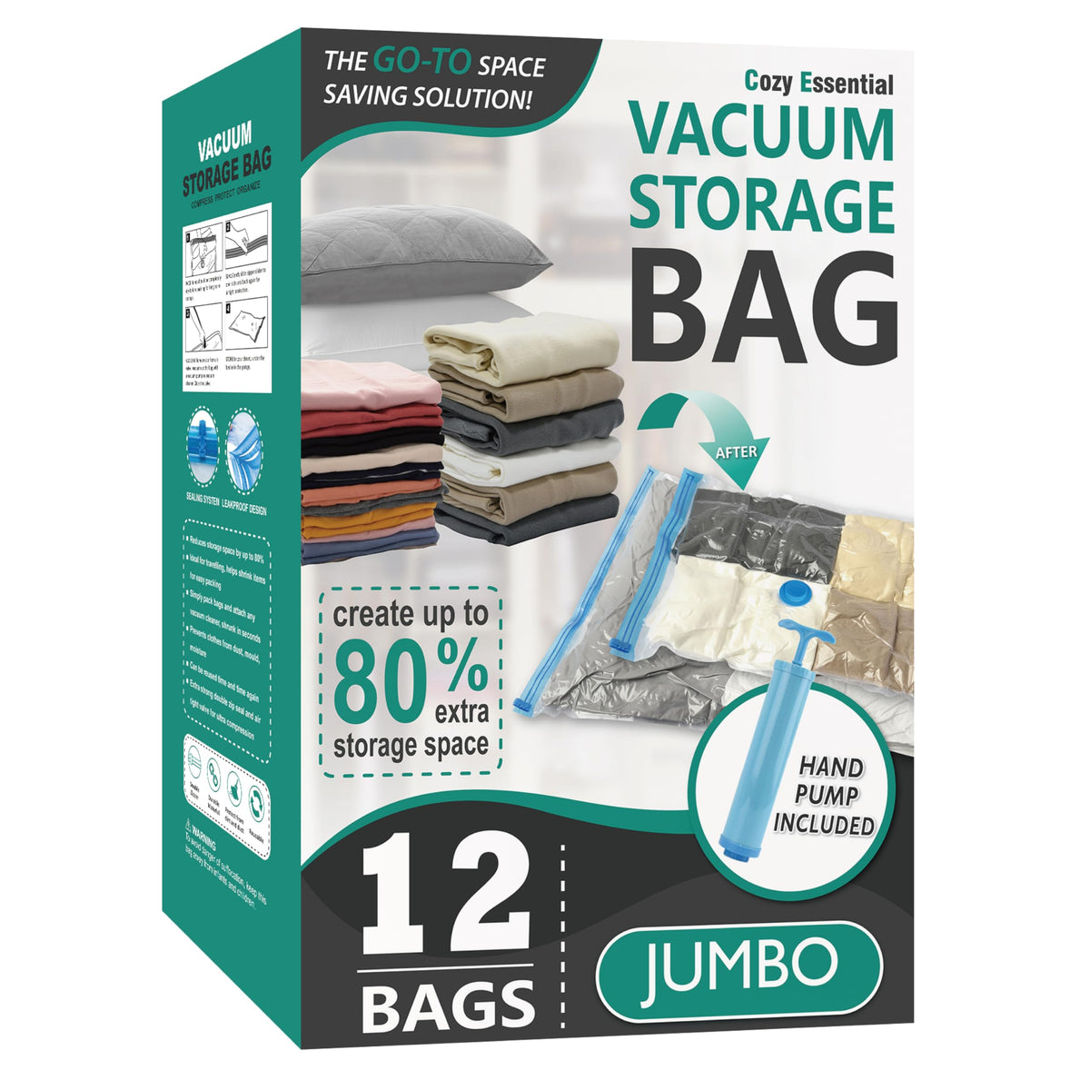 12 Jumbo Vacuum Storage Bags for Blankets & Bedding, Space Saver Bags