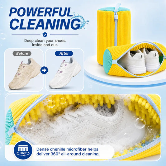 Machine Washable Shoe Washing Bag with Soft Chenille Microfiber, Reusable Sneaker Laundry Bag with Zipper & Breathable Mesh, Protective Shoe Wash Bag for Washing Machine