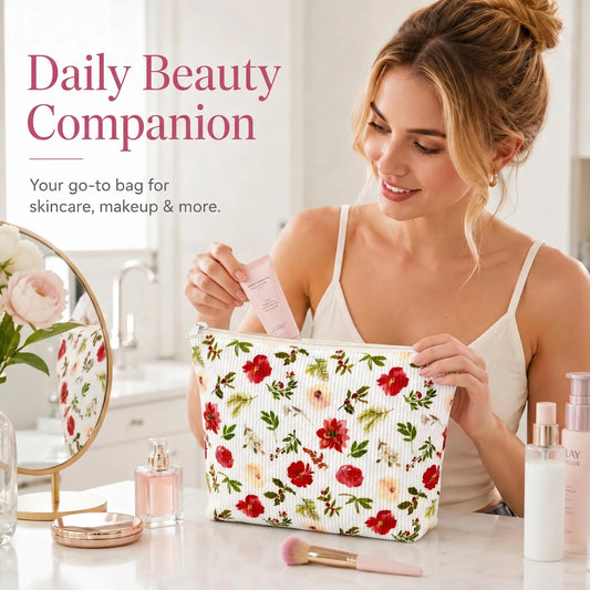 1pc Corduroy Floral Makeup Bag for Women Large Capacity Cosmetic Organizer Travel Toiletry Pouch with Zipper Closure Portable Beauty Storage Case for Skincare Makeup Accessories Daily Use Vacation Birthday Gift Holiday Gift