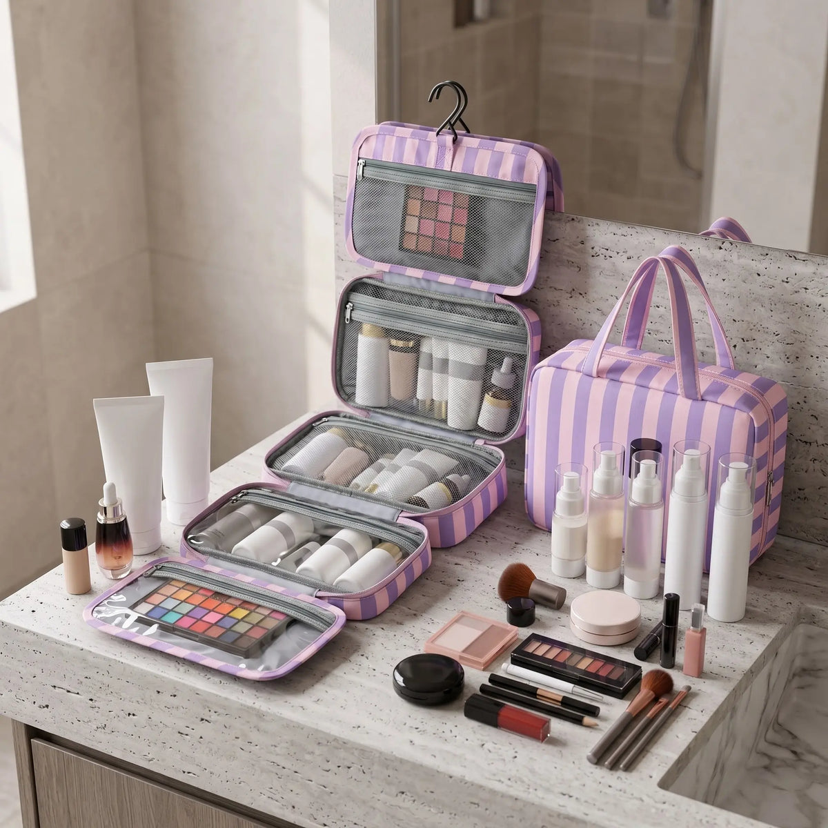 Hanging Toiletry Bag for Women, Striped Travel Makeup Cosmetic Organizer Case with Metal Hook, Large Capacity Portable Wash Bag with Clear Pockets for Bathroom & Vacation