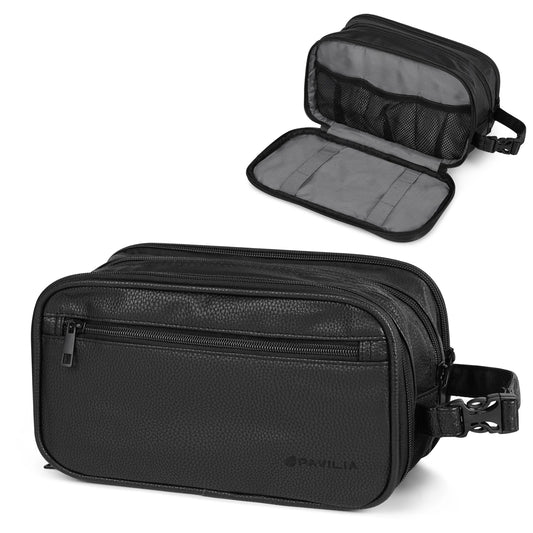 PAVILIA Toiletry Bag for Men, Travel Toiletries Bag | Water-resistant Dopp Kit, PU Leather Shaving Pouch Organizer for Accessories, Cosmetic, Hygiene, Grooming Essentials