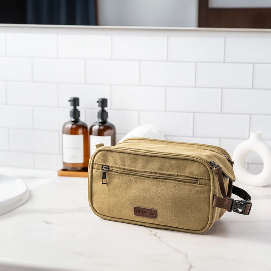 PAVILIA Toiletry Bag for Men Women, Canvas Travel Dopp Kit, Water Resistant Hygiene Bag Toiletries Organizer, Shaving Kit Travel Accessories Bag