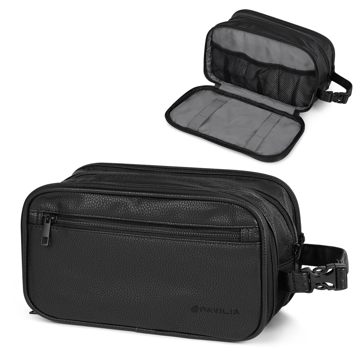 PAVILIA Toiletry Bag for Men, Travel Toiletries Bag | Water-resistant Dopp Kit, PU Leather Shaving Pouch Organizer for Accessories, Cosmetic, Hygiene, Grooming Essentials