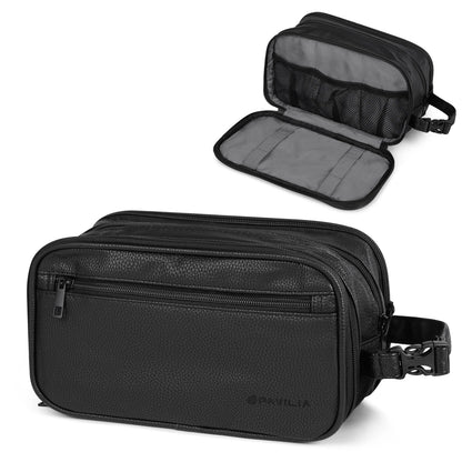 PAVILIA Toiletry Bag for Men, Travel Toiletries Bag | Water-resistant Dopp Kit, PU Leather Shaving Pouch Organizer for Accessories, Cosmetic, Hygiene, Grooming Essentials