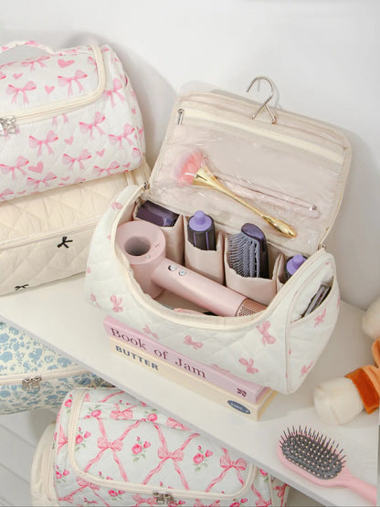 Large Capacity Quilted Cosmetic & Hair Dryer Organizer Bag, Portable Travel Essentials Toiletry Storage Case with Multi-Pockets, Makeup Organizer Pouch, Travel Cosmetic Bags, Cosmetics Bag