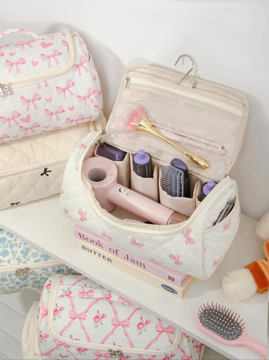 Large Capacity Quilted Cosmetic & Hair Dryer Organizer Bag, Portable Travel Essentials Toiletry Storage Case with Multi-Pockets, Makeup Organizer Pouch, Travel Cosmetic Bags, Cosmetics Bag
