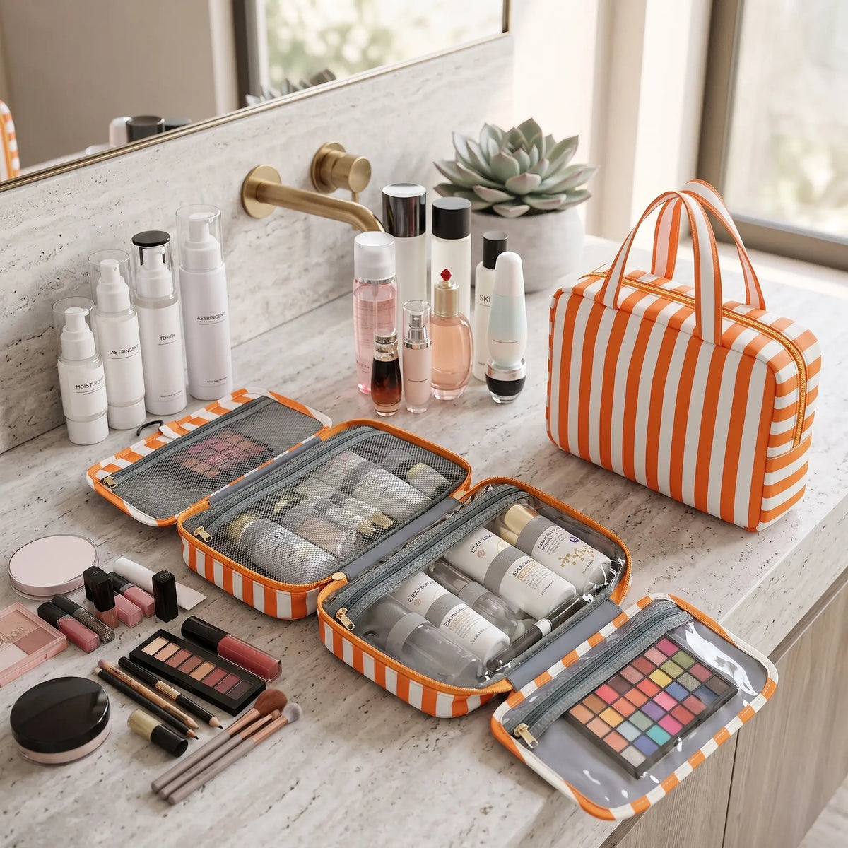 Hanging Toiletry Bag for Women, Striped Travel Makeup Cosmetic Organizer Case with Metal Hook, Large Capacity Portable Wash Bag with Clear Pockets for Bathroom & Vacation