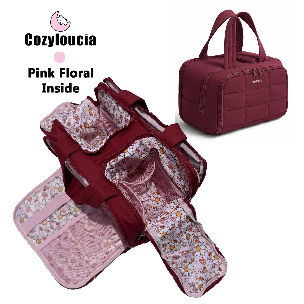 COZYLOUCIA Small Makeup Pouch with Floral Interior - Compact Makeup Storage Organizer, Mini Travel Products, Airplane Travel Accessories, Toiletry Bag, Gifts for Women, BackToSchool