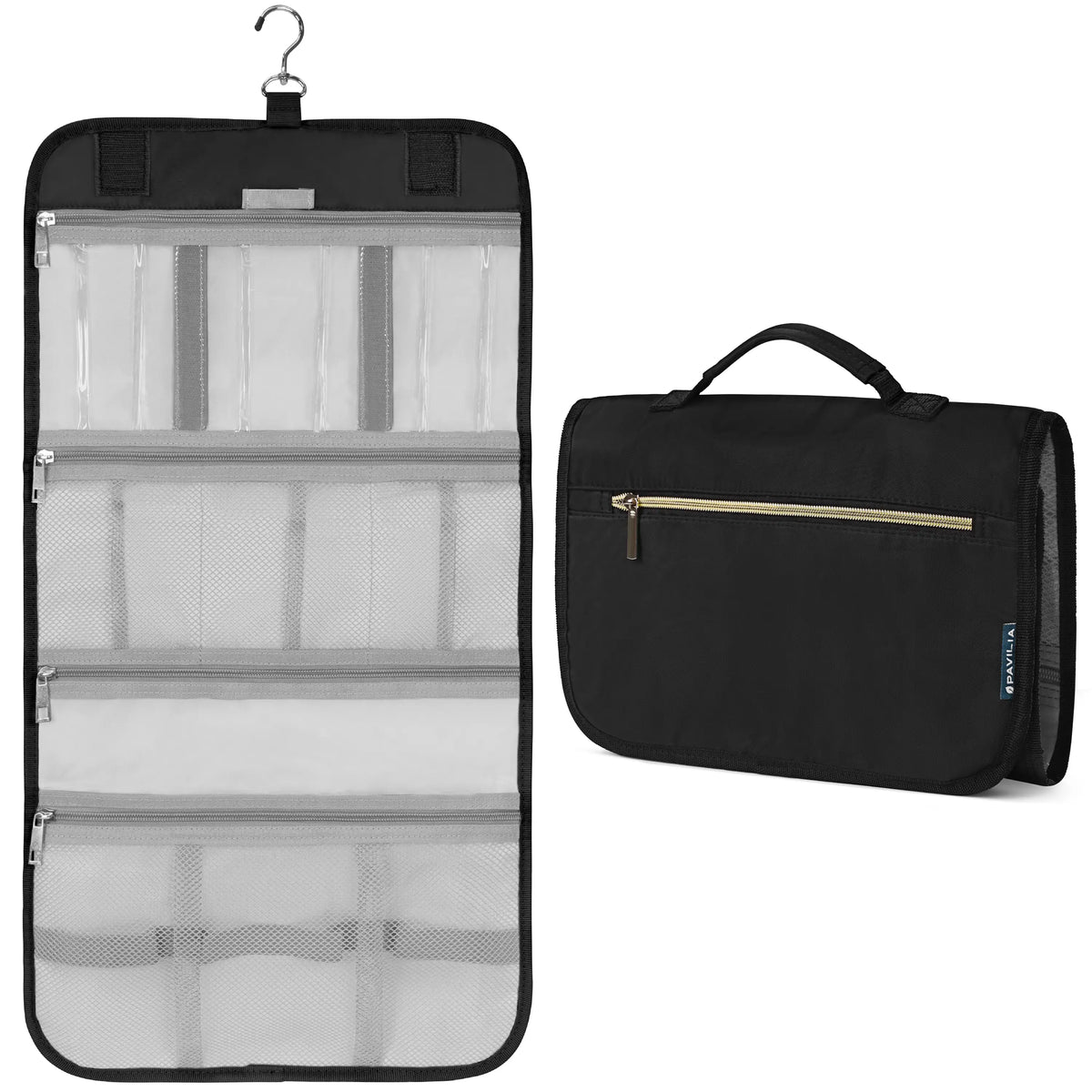 PAVILIA Hanging Toiletry Bag Men Women, Travel Kit Foldable Large Toiletries Organizer, Roll up Cosmetics Makeup Bag Accessories, Waterproof Essentials Dopp Case