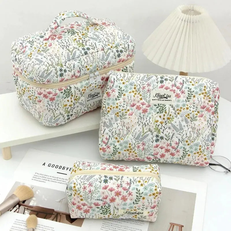 3‑Pack Floral‑Pattern Makeup Bag Set, Large‑Capacity Zipper Travel Cosmetic Pouches, Portable Makeup Organizer for Toiletries