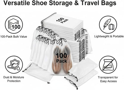 100 Pack Travel Shoe Bags, Waterproof Clear Shoe Storage Bags with Drawstring, Large Portable Shoe Organizer for Packing, 15.7 x 11.8 Inch Travel Essentials for Women and Men (Translucent)