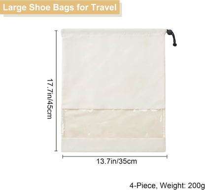 4 Pcs Shoe Bags for Travel with Clear TPU Window & Drawstring Closure