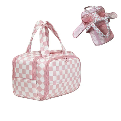 Checked Travel Toiletry Bag, Spacious Checkered Toiletry Bag for Women,Large Toiletry Bags for Traveling,Lightweight Travel Cosmetic Makeup Bag Organizer for Accessories,Toiletries