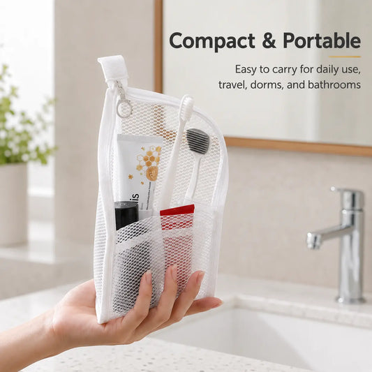 Mesh Zipper Toiletry Storage Pouch, Multi-Pocket Travel Cosmetic Organizer Bag, Breathable Bathroom Counter Storage for Toiletries, Makeup & Daily Essentials