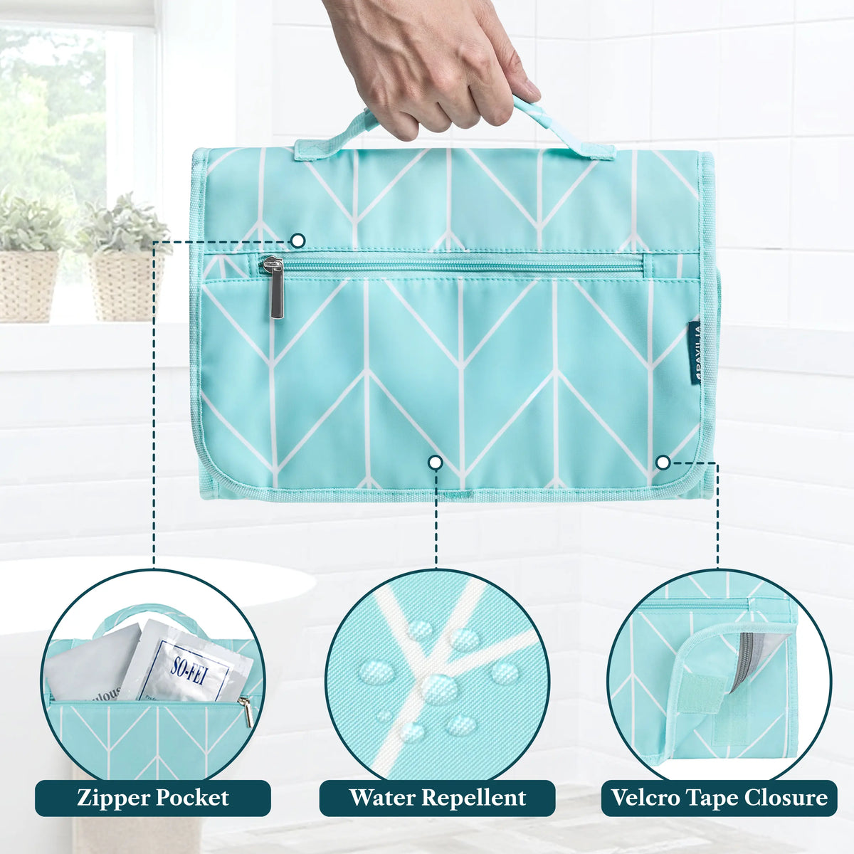 PAVILIA Hanging Toiletry Bag Men Women, Travel Kit Foldable Large Toiletries Organizer, Roll up Cosmetics Makeup Bag Accessories, Waterproof Essentials Dopp Case