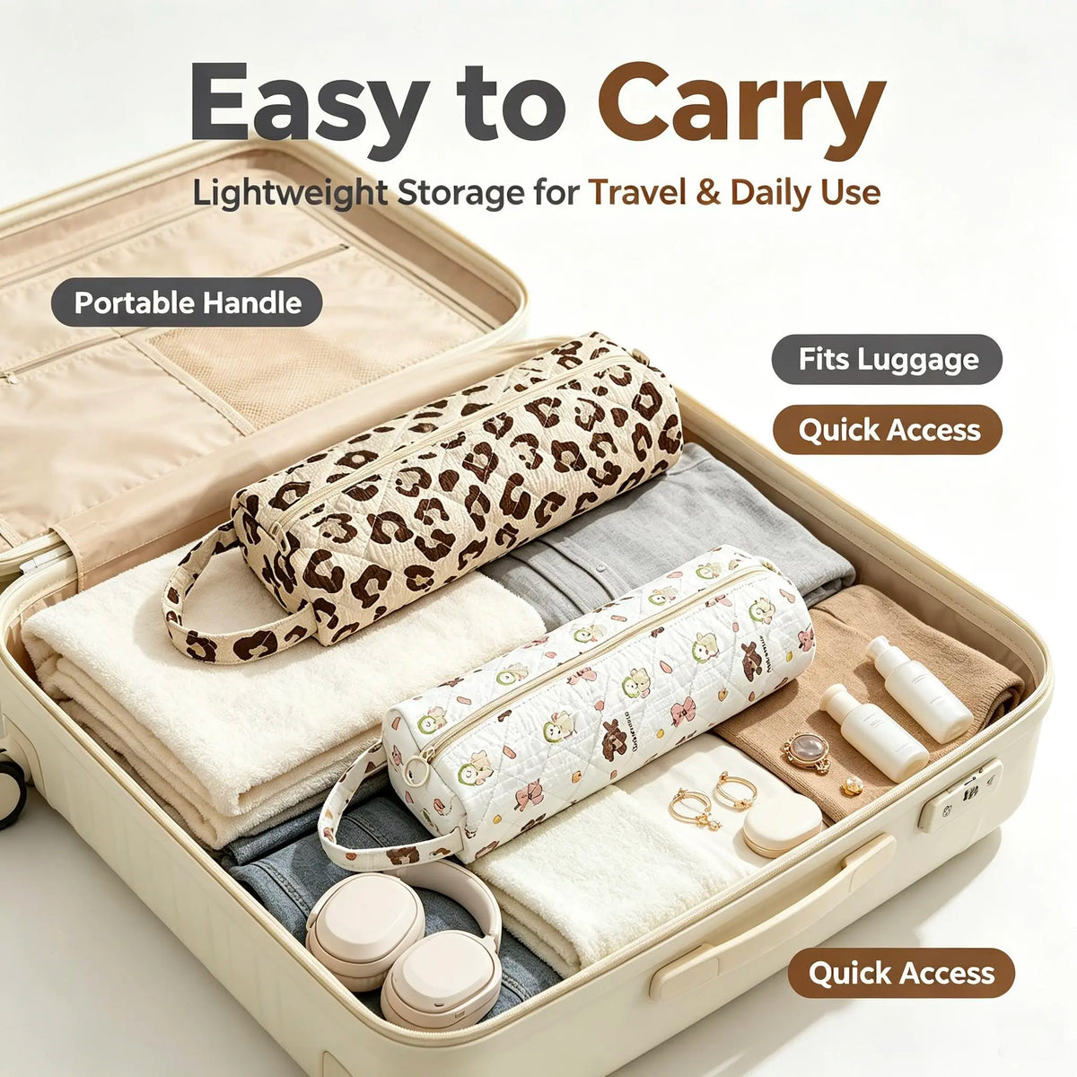 Quilted Multi‑Purpose Storage Bag, Portable Zipper Cosmetic Makeup Pouch with Handle, Large Capacity Travel Toiletry Organizer for Bathroom Office