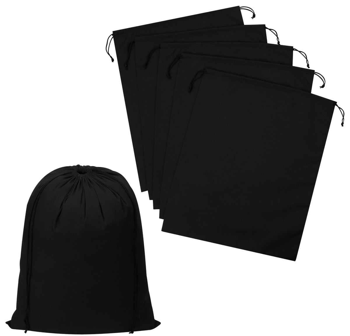Black Cotton Drawstring Bags, Reusable Quality with Double String, For Storage Pantry Shoes Wardrobe Travel - Pack of 6 (Black Cotton Blend, 12 x 16 Inch)