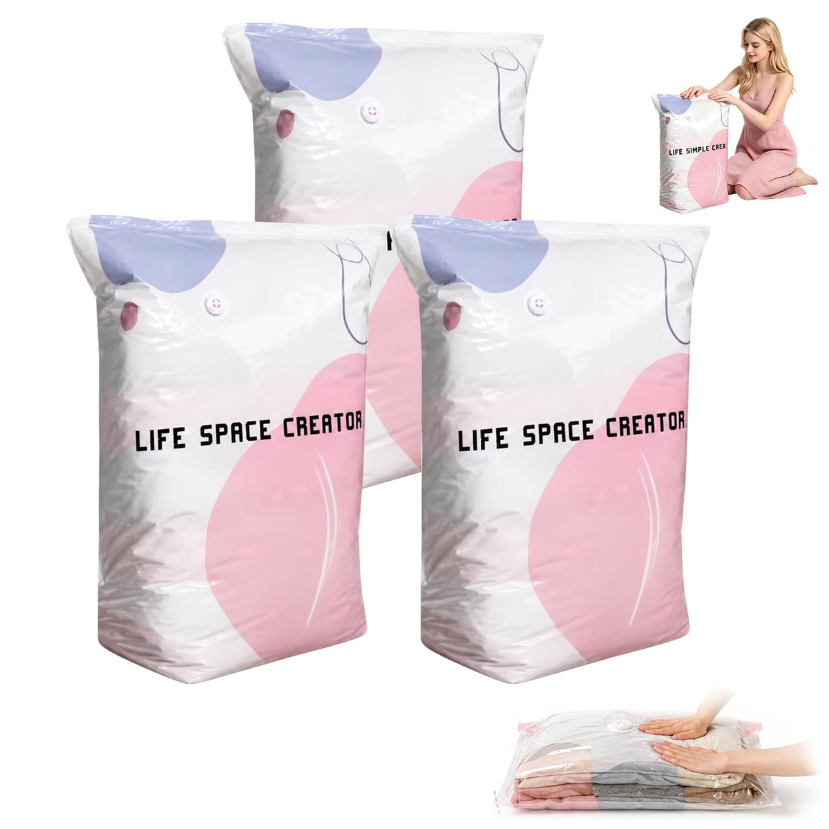 3 PACK No-Pump Vacuum Storage Bags, Cube Compression Life Space Saving Storage Bags, No-Pump 3D Large Vacuum Storage Compression Bag for Clothes and Bedding (27.6" × 19.7" × 12.5")