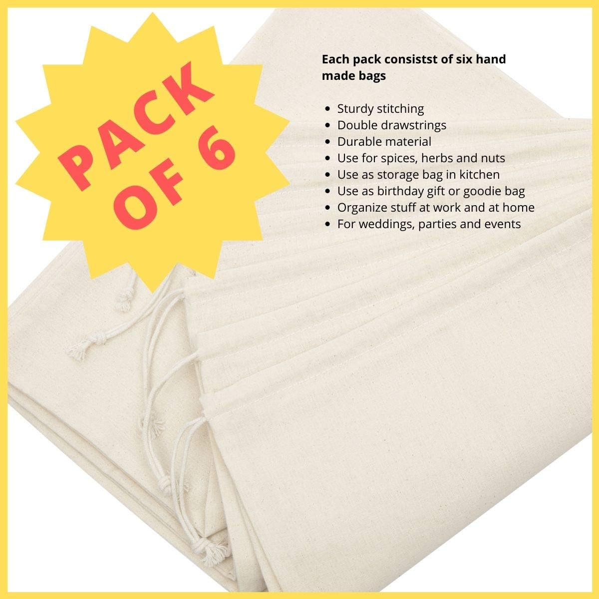 DR 100% Cotton Muslin Drawstring Bags (12x16 Inch - 6-Pack) Large Beige Fabric Cotton Shoe Bag and Storage Pouches for Shoes Storage Pantry Gifts Laundry Travel