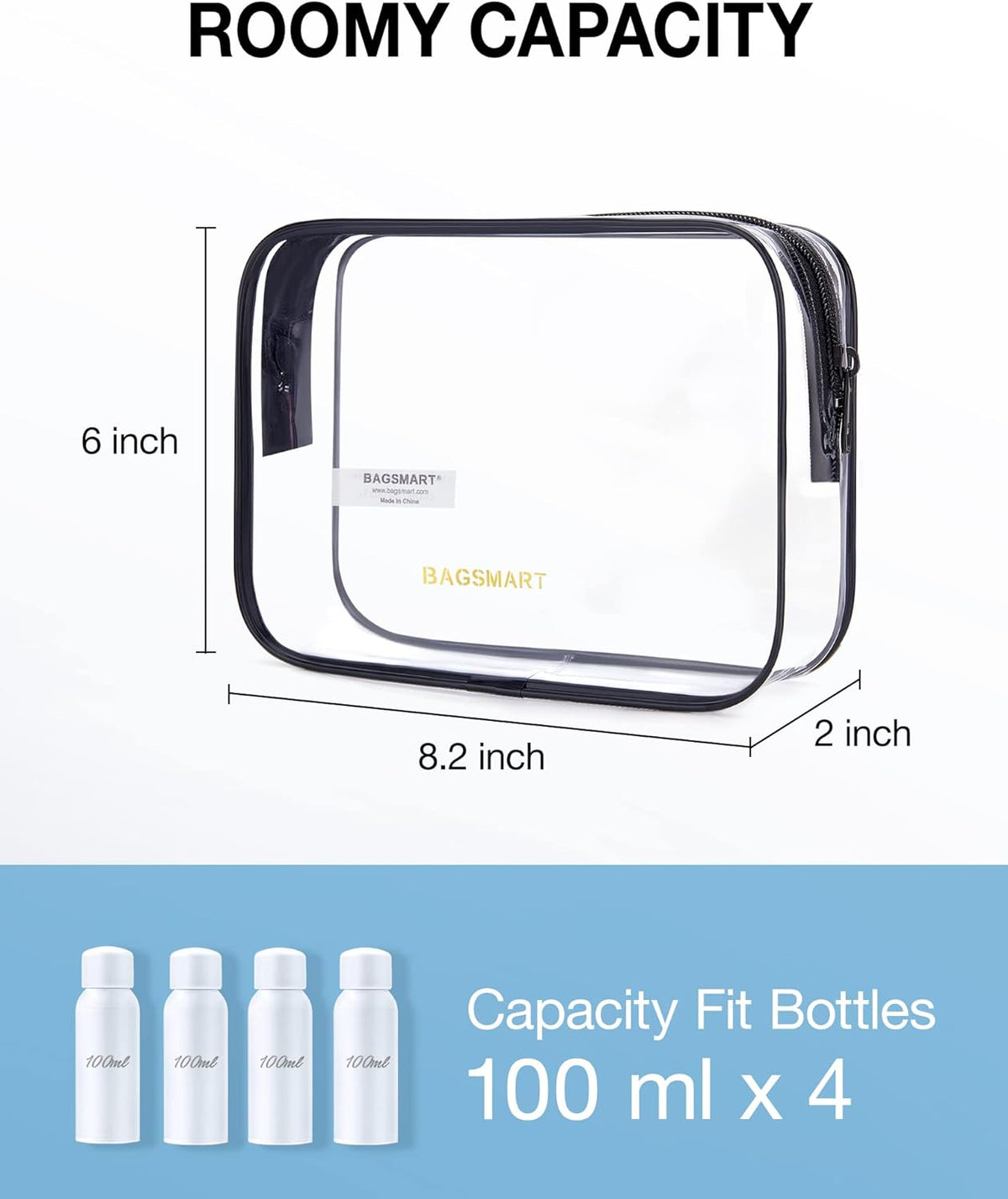 BAGSMART Clear Toiletry Bag 2-Pack TSA Approved Water-Repellent, Black