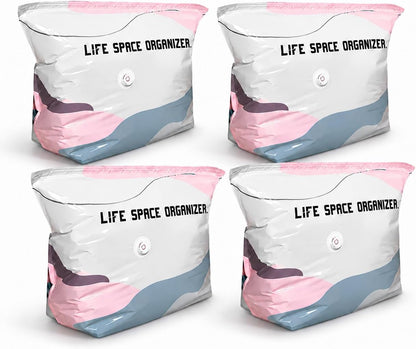 4Pcs No Pump Vacuum Storage Bags, Large Better Life Space Bags Cube Capacity Vacuum Bags for Clothes Bedding Comforters Off‑Season Gear (Pink white)