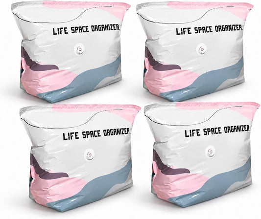 4Pcs No Pump Vacuum Storage Bags, Large Better Life Space Bags Cube Capacity Vacuum Bags for Clothes Bedding Comforters Off‑Season Gear (Pink white)