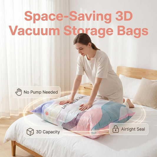 5 Pieces No Pump Vacuum Storage Bags, 2026 New No-Pump 3D Vacuum Storage Bags, Large Vacuum Storage Compression Bags for Clothes, Blankets, Bedding, Comforters (5, Multicolor, M)