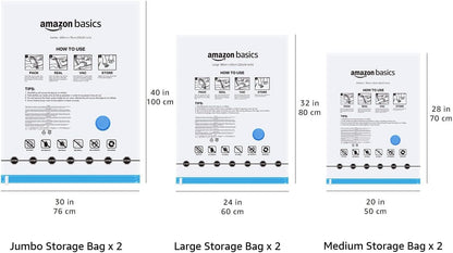 Amazon Basics Vacuum Storage Bags for Clothing, Multiple Sizes Compression Zipper Bags with Hand Pump for Space Saving and Travel, 6-Pack (2 Medium, 2 Large, 2 Jumbo), Transparent