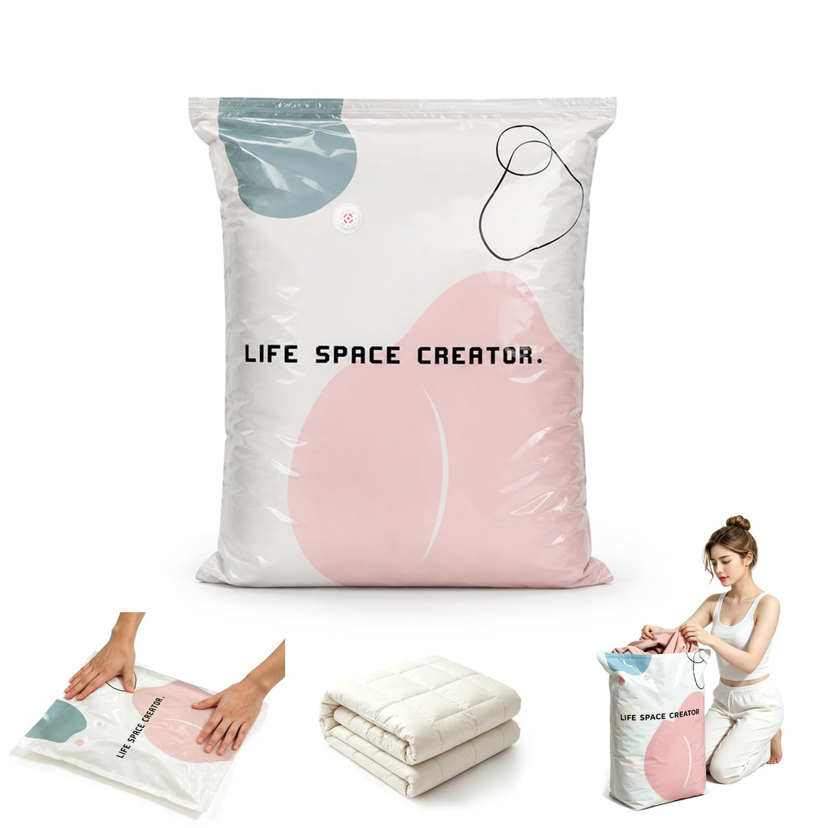No Pump Vacuum Storage Bags – 3D Cube Stand-Up Design, Jumbo & Medium Sizes, PA+PE Thick Material for Clothes, Comforters & Bedding, Reusable No Pump Large Vacuum Storage Compression Bags (M+L)