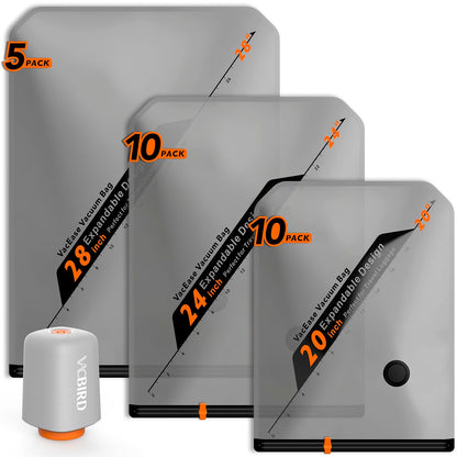 Vacbird Rechargeable Wireless Pump Travel Storage Bags Set - 20 Pack Portable Space Saver Bags for Travel & Home - Vacuum Compression Packing Seal for Clothes, Blankets, Seasonal Storage