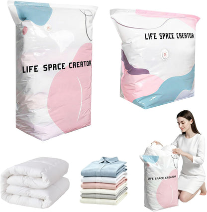 2PCS No Pump Vacuum Storage Bags, No Pump Large Vacuum Storage Compression Bags, Thick Airtight Reusable Organizer for Clothes Comforters Travel Moving Closet Storage (M+L)