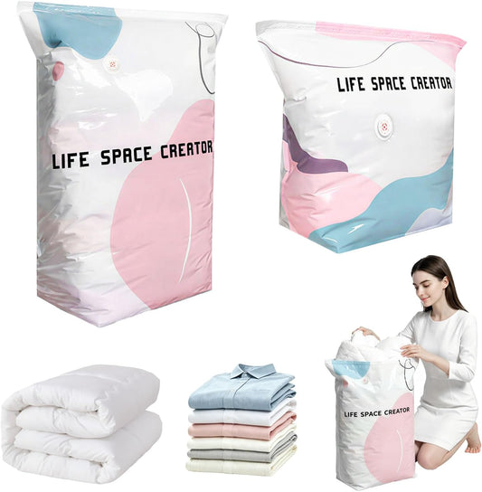 2PCS No Pump Vacuum Storage Bags, No Pump Large Vacuum Storage Compression Bags, Thick Airtight Reusable Organizer for Clothes Comforters Travel Moving Closet Storage (M+L)