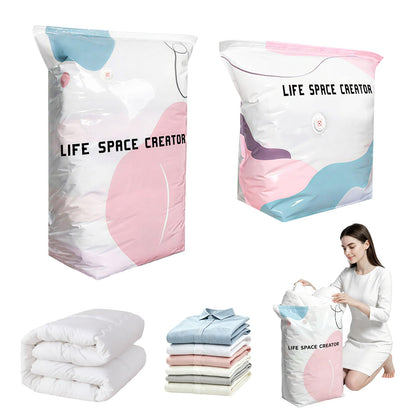 2PCS No Pump Vacuum Storage Bags, No Pump Large Vacuum Storage Compression Bags, Thick Airtight Reusable Organizer for Clothes Comforters Travel Moving Closet Storage (M+L)