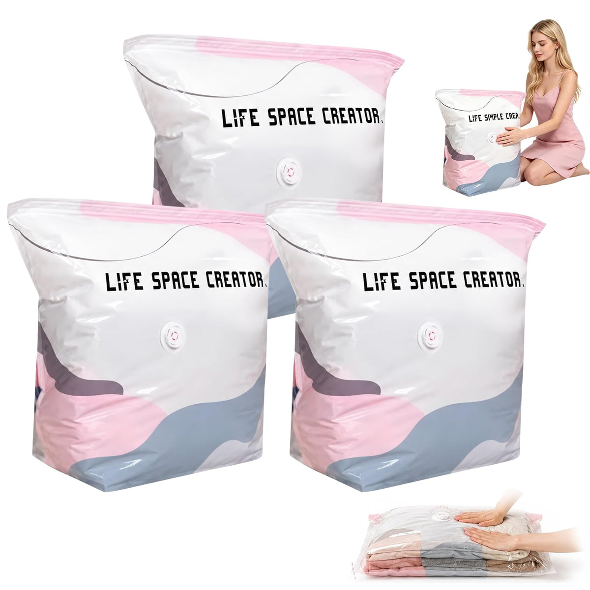3 PACK No-Pump Vacuum Storage Bags, Cube Compression Life Space Saving Storage Bags, No-Pump 3D Large Vacuum Storage Compression Bag for Clothes and Bedding (27.6" × 19.7" × 12.5")
