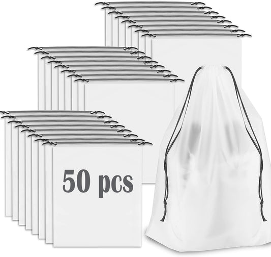 Translucent Travel Drawstring Bags Reusable Large Shoes Bags Organizers Storage Pouch Waterproof Durable Dust Bags with Rope 15.7 x 11.8 inches (50 Pack)