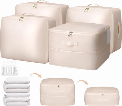 4 Pack Comforter Storage Bag, 68L Blanket Storage Bags Self Compression Comforter Organizer and Storages, Space Saving Washable Compression Bags for Blanket Bedding Pillow Duvet Quilt, Beige